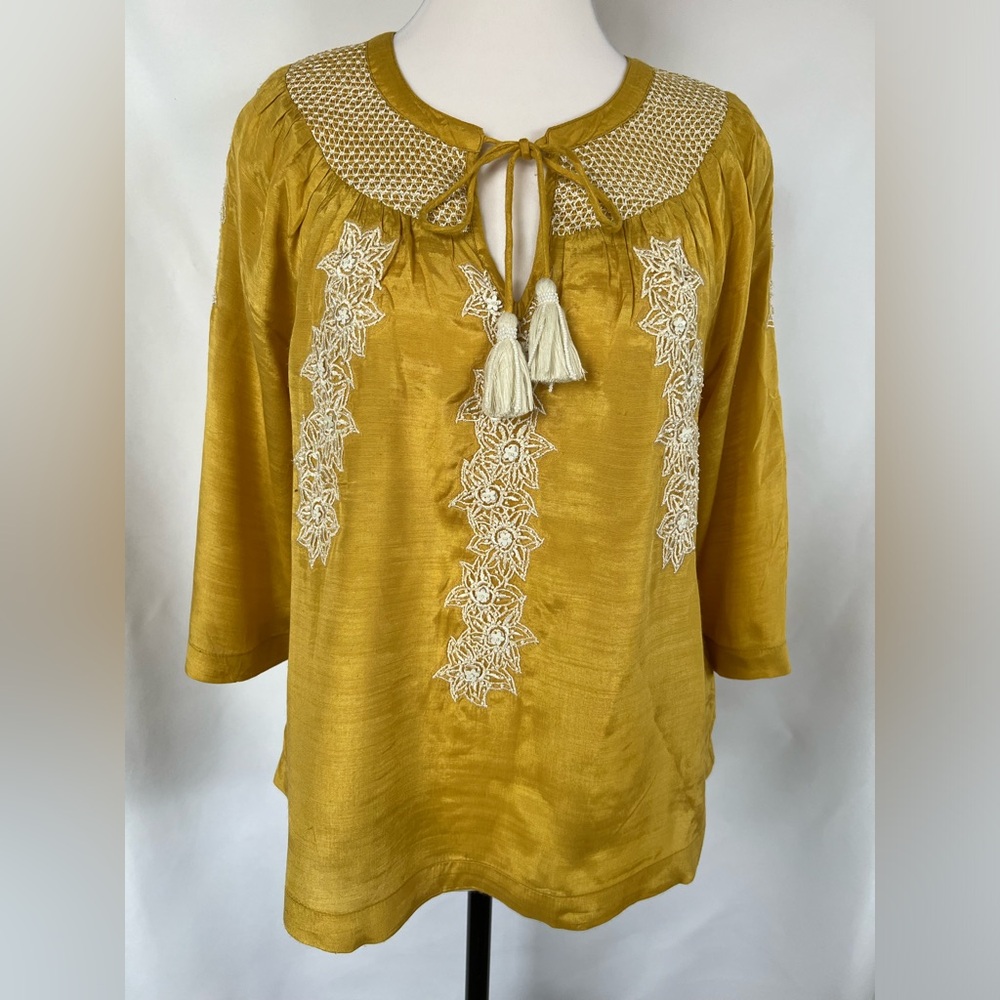 Soft Surroundings‎ Lauralin Embroidered 3/4 Sleeve Top Gold/White Size XSP